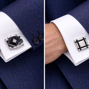 Vintage Shields Cufflinks Lot (2 Pairs) – Black Enamel Geometric – Mid Century